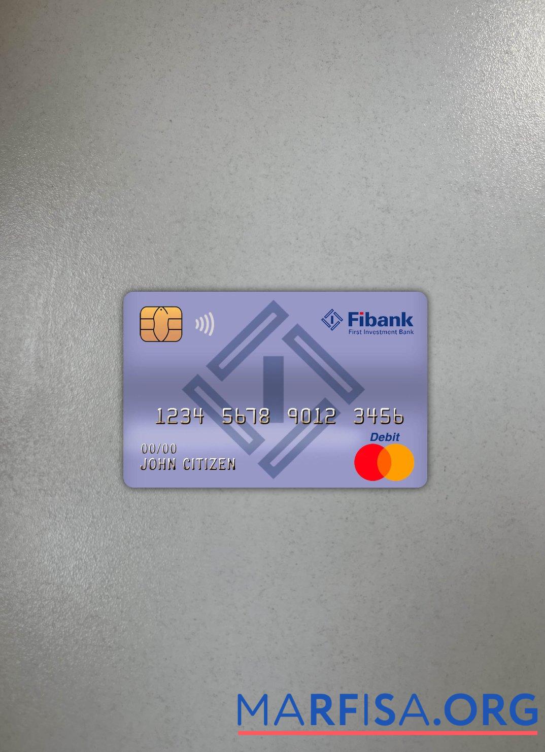 Realistic Bulgaria Fibank bank master debit card photolook front sample